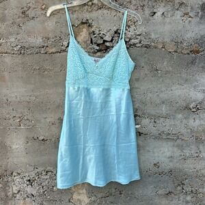 Y2K Vintage Blue Silk Lace‎ Slip Dress/Top | Satin Chemise Lingerie Coquette M